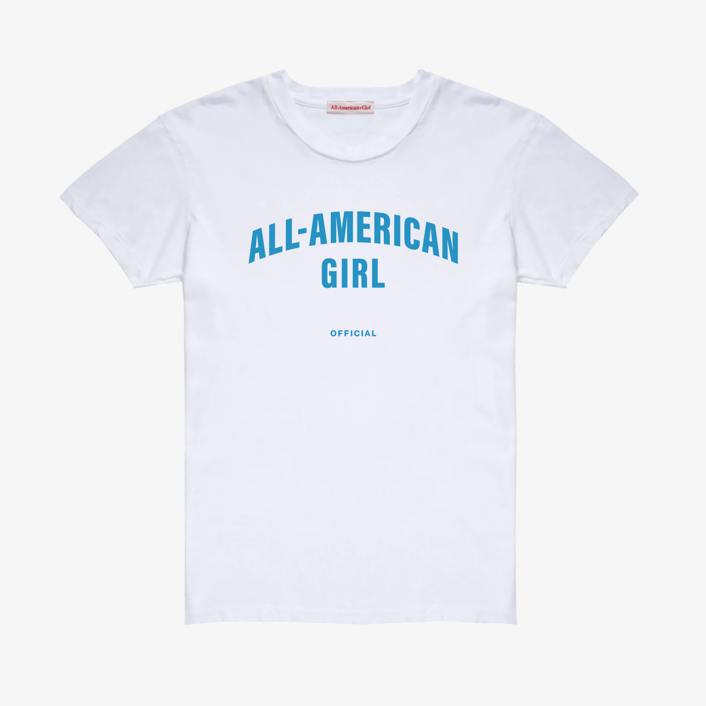 A blue All-American Girl baby tee. The tee says All-American Girl Official on it. This is a comfortable, fitted white tee with blue text.